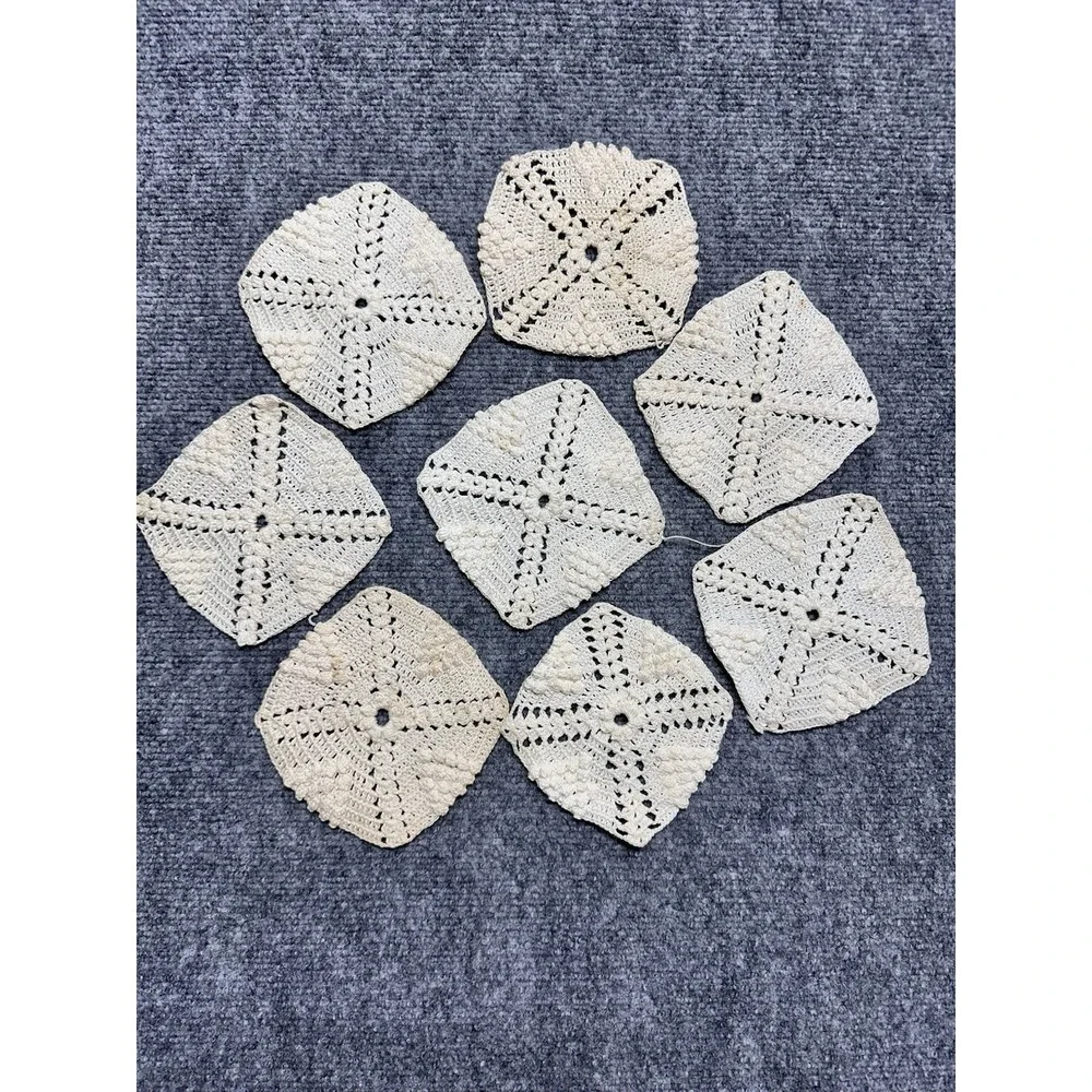 Vintage Crocheted Doilies Lot 8 Beige 5in Square Early 1980s Popcorn Stitch